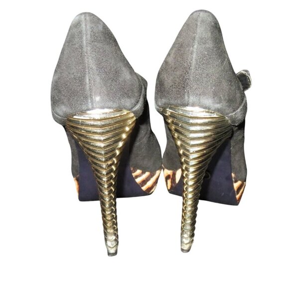 RACHEL ROY Kirstyn Black Suede T-Strap with Tiger Stripe Platform Screw Heels 7 - Picture 3 of 12